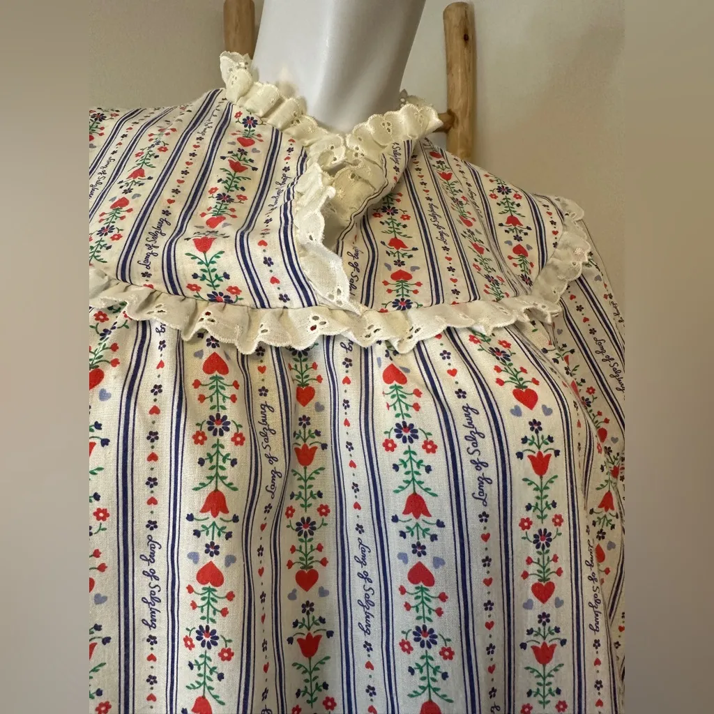 LANZ of SALZBURG VINTAGE 1980's Floral Striped Full Length Nightgown Large White - Image 4