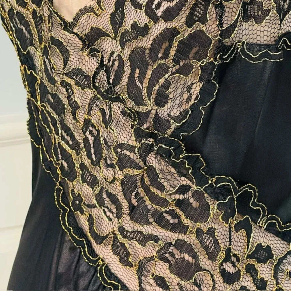 Colesce Collection Vintage 80s Black Gold Sheer Lace Lingerie Maxi Slip Dress 1X - Image 7