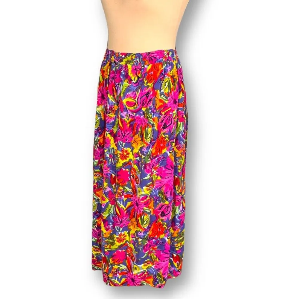 Vintage 90s Maxi Skirt Multicolored Tropical Floral Design Tiered Tie Front Pink Size L - Image 4