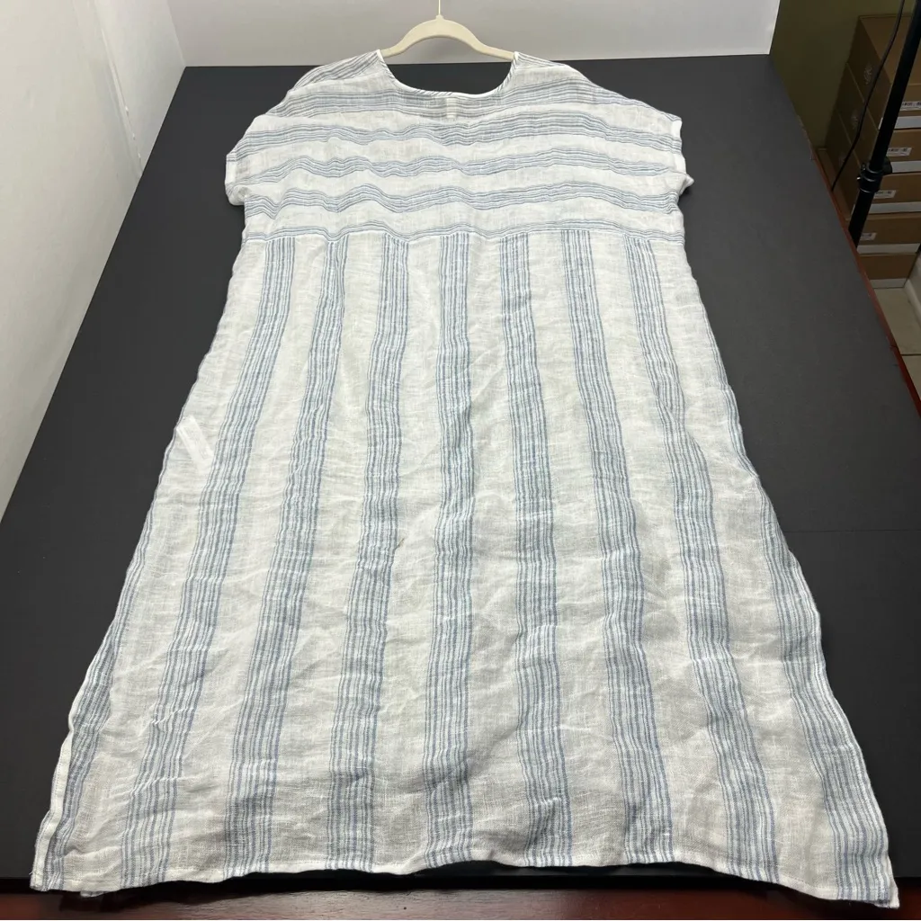 Eileen Fisher Organic Linen Caftan Dress Thin Gauze Unlined Size XXS‎ Blue White - Image 14