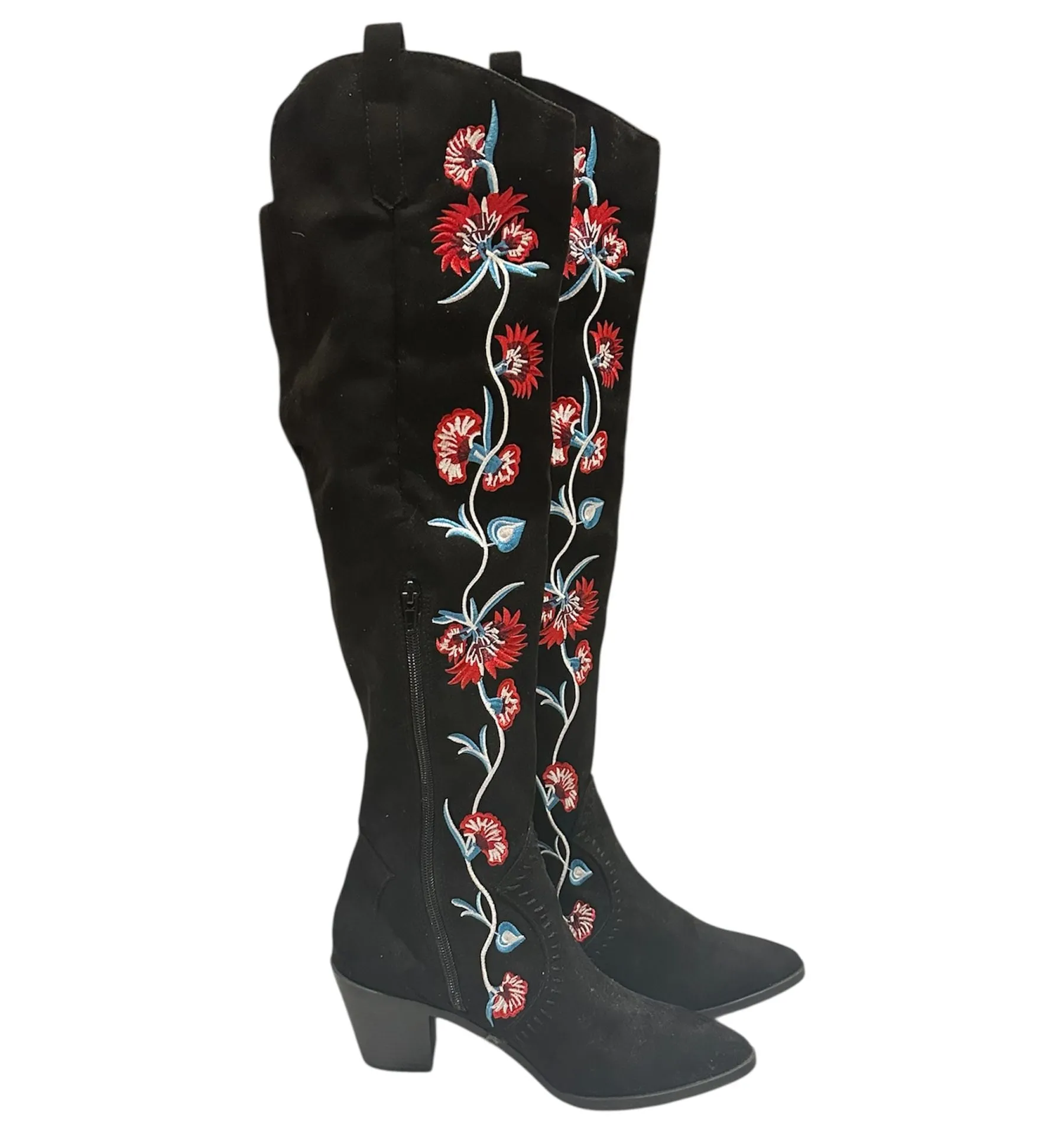 Carlos Santana Alexia Black Suede Floral Embroidered Knee High Boots 7.5 - Image 5