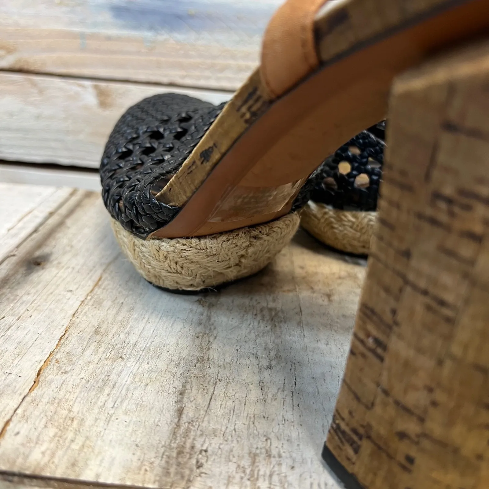 Sam Edelman Rella Black Leather Woven Cork Block Heel Espadrille Sandals 9M - Image 6