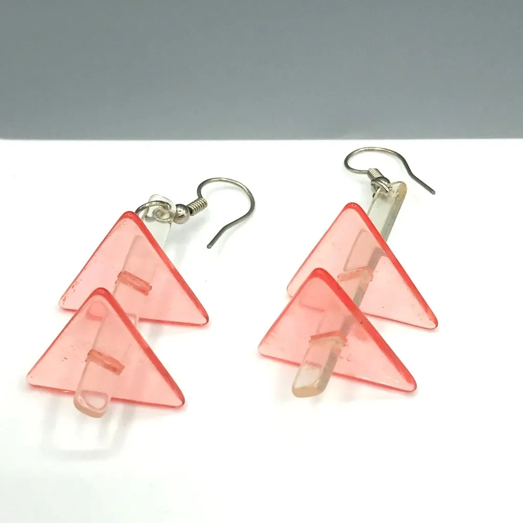 Vintage Acrylic Sculptural Abstract Dangle Earrings, Clear and Neon Pink OOAK - Image 4
