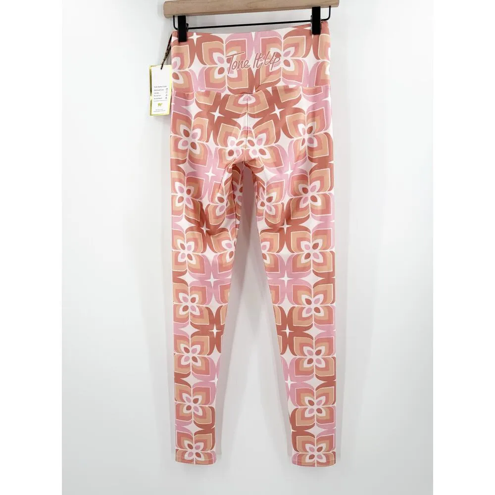 GOLDSHEEP Leggings SZ Medium Tone It Up TIU Collab Retro Print Pink Orange NWT - Image 13
