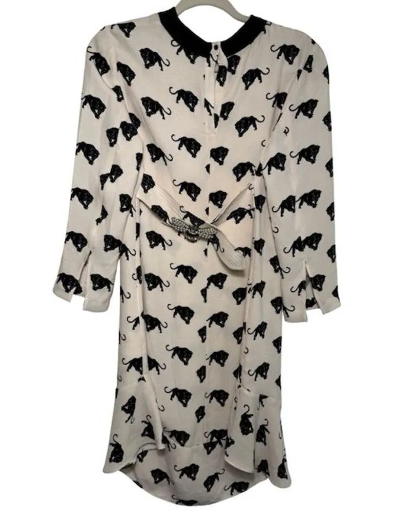 A.L.C. Womens Tiger Print Dress Round Neck Long Sleeve Ruffle Hem White Size S - Image 2