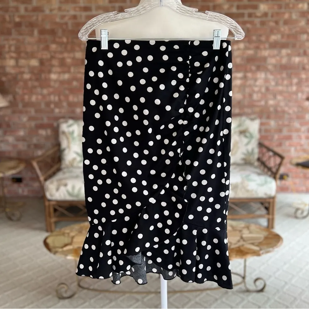WHBM Skirt Polka Dot Black Poplin Ruffled 4 Knee Length Fitted Ruched Cocktail - Image 14