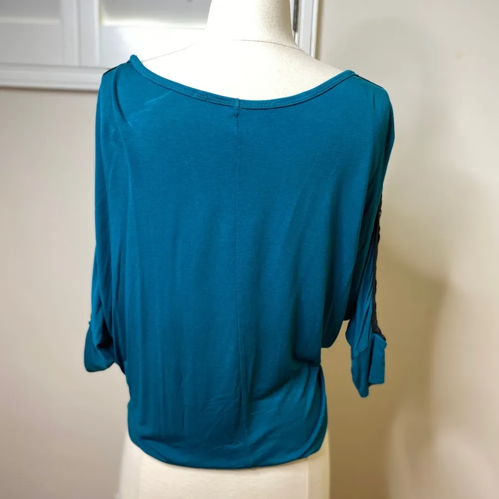 Dolman 3/4 Sleeve Top with fringe inset Blue - Image 2