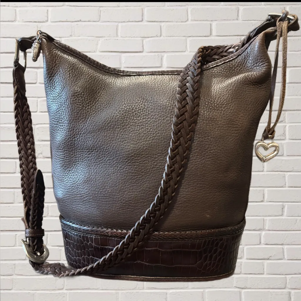 Brighton Brown Leather Braided Strap Hobo Bag Bali Collection Silver Heart - Image 2