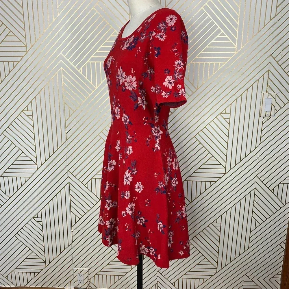 Milly Twilight Fit & Flare Dress Short Sleeve‎ Red Floral Print Size Large - Image 5