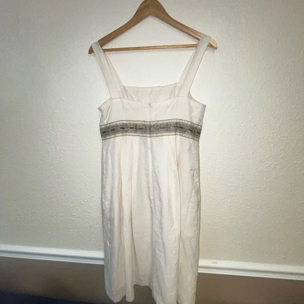 Herve Bernard Linen Blend Dress | Size 8‎ | Cream & Tan Trim | Sleeveless - Image 3