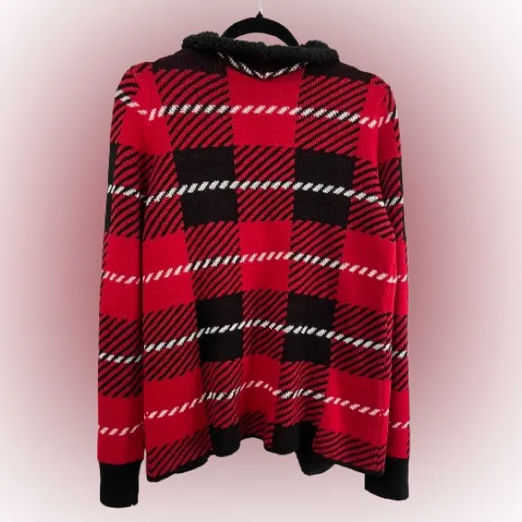 Adrienne Vittadini Red and Black Plaid Sherpa Collared Wrap Cardigan Sz L - Image 2