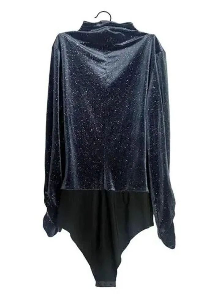 ZARA Velvet Glitter Ruched Longsleeve Mock Neck Bodysuit Snap Crotch M Navy Blue - Image 14