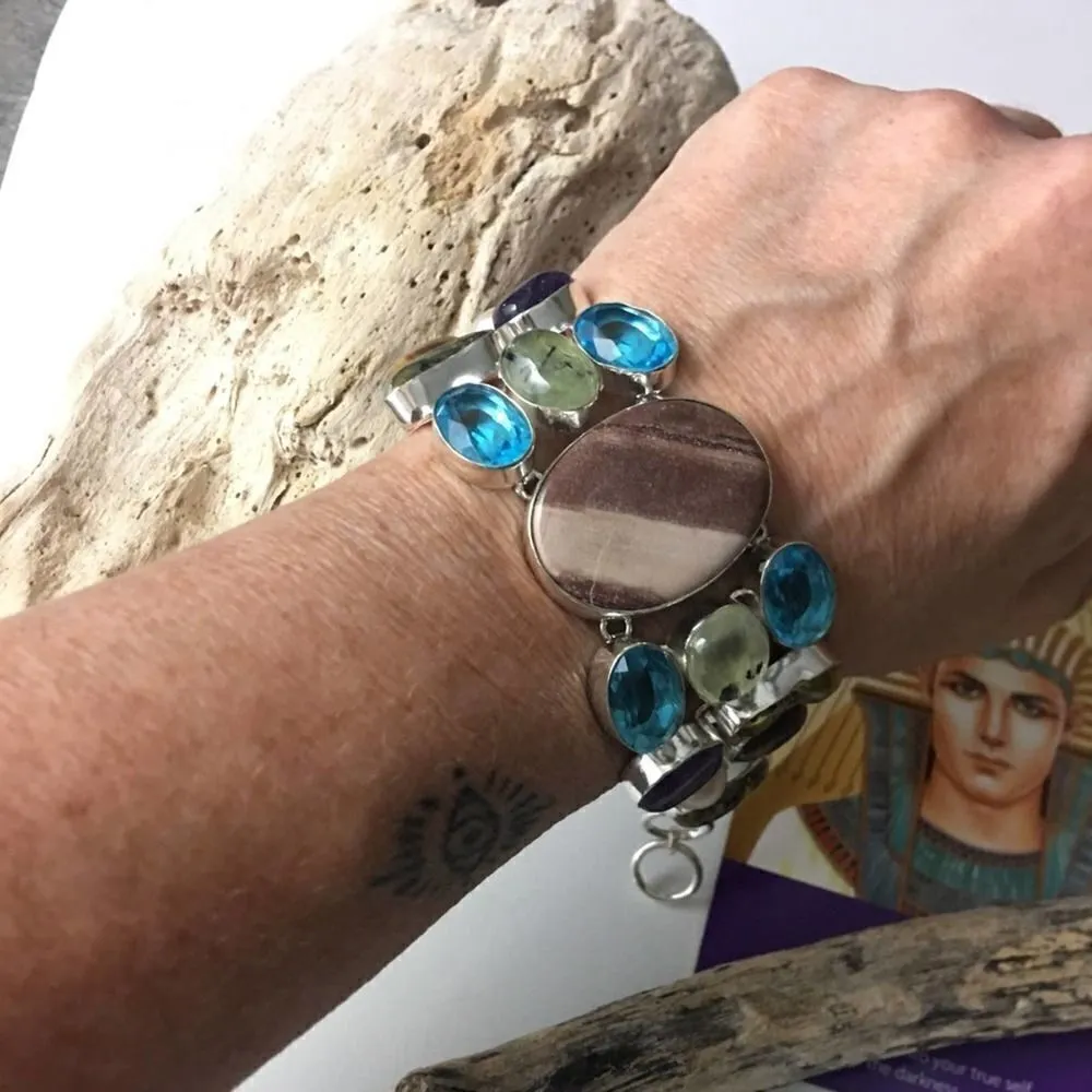 Agate, Blue Topaz, Pearl Mix Gemstone Sterling Silver Toggle Bracelet - Image 2