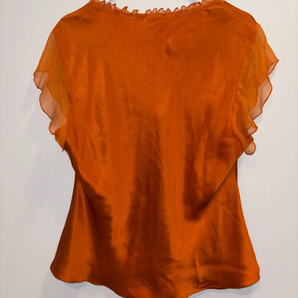 Allison Taylor 100% Silk Vibrant Orange Blouse with Delicate Chiffon Trim - Image 9