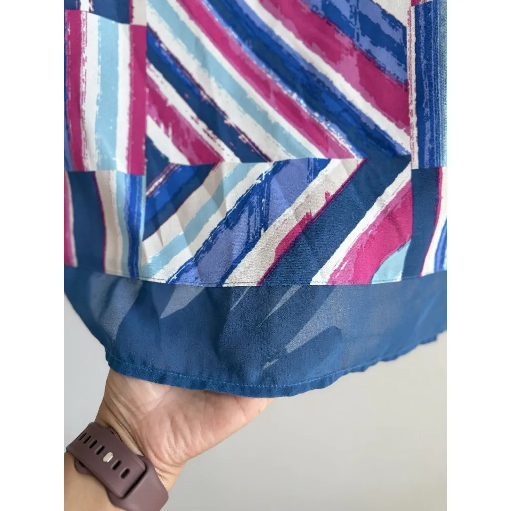 BOB MACKIE Wearable Art Abstract Stripe Tunic Top Chiffon Trim Blouse Women’s 2X Blue - Image 4