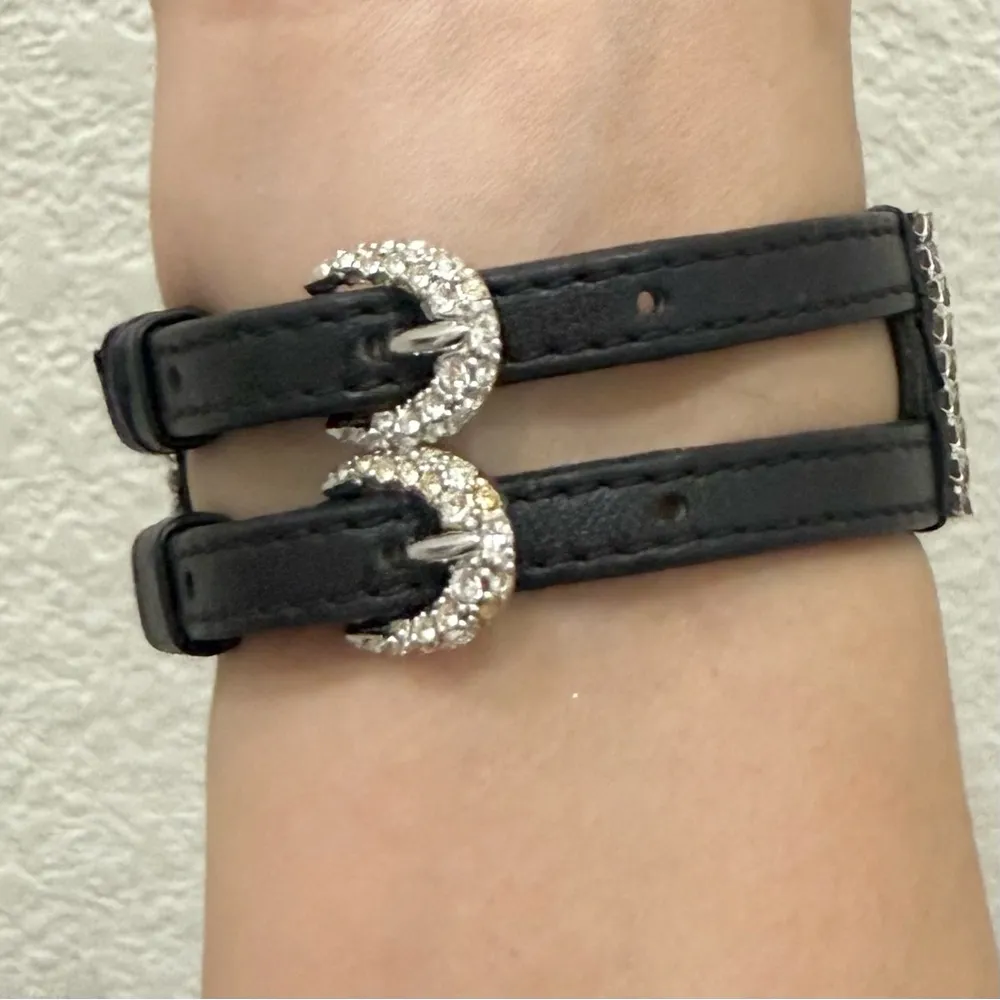 SWAROVSKI Swan Signed Crystal Rhinestones Leather Buckle Wide Cuff Bracelet 24g. - Image 7
