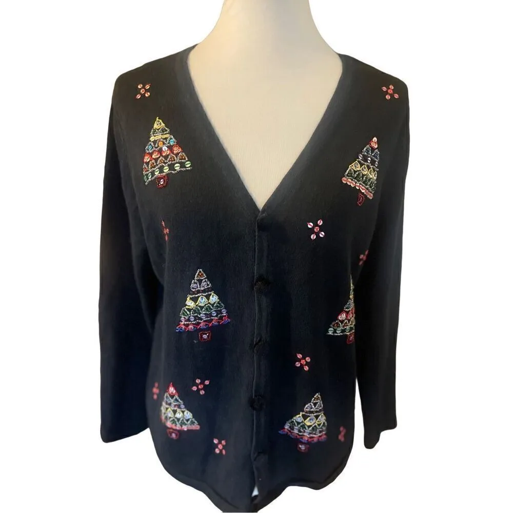 Mercer Street Studio Hand Embroidered Christmas Vintage Black Button Down Cardig Size L - Image 10