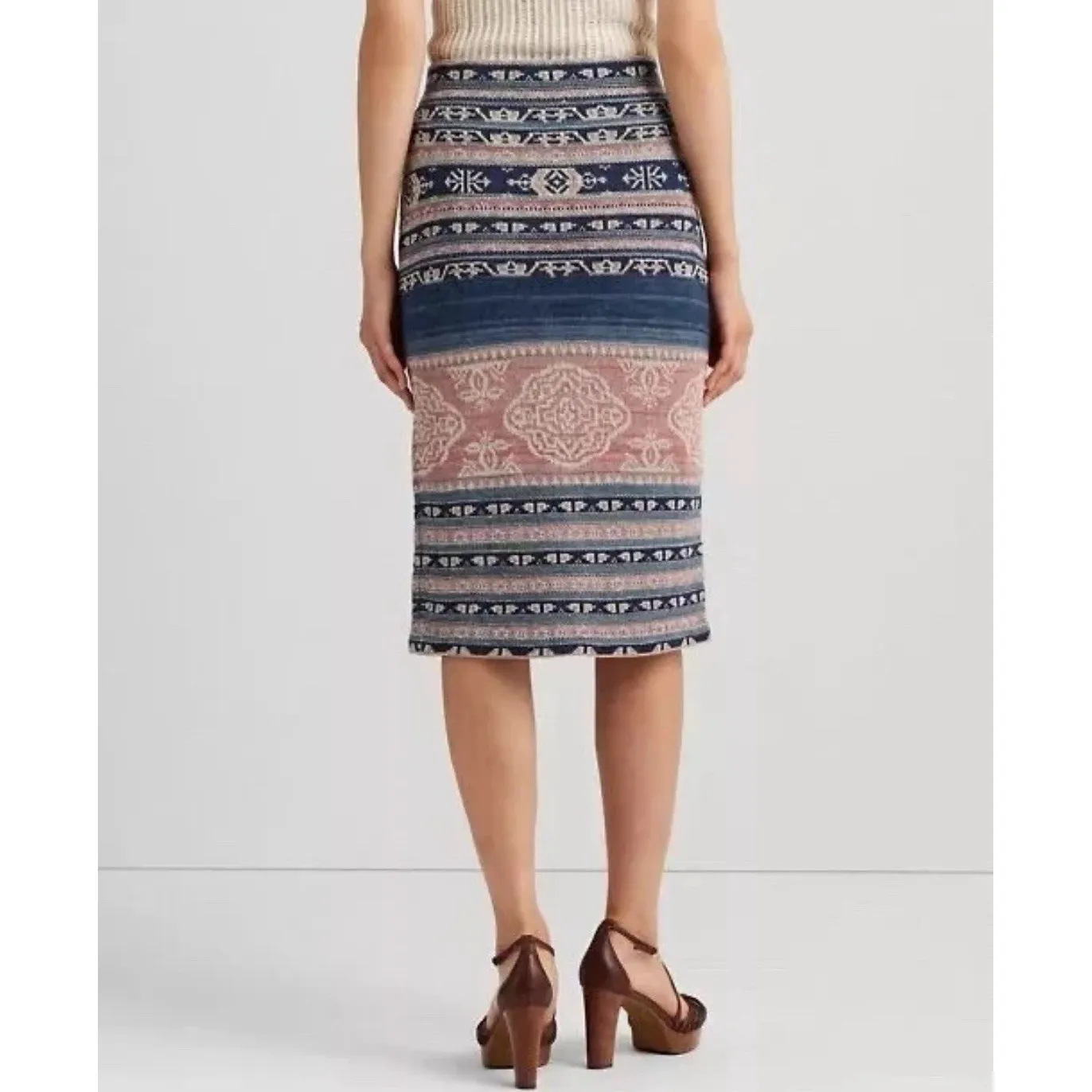 Lauren Ralph Lauren‎ Women Size 3X Geo-Motif Linen Blend Pencil Skirt Pink Blue - Image 11