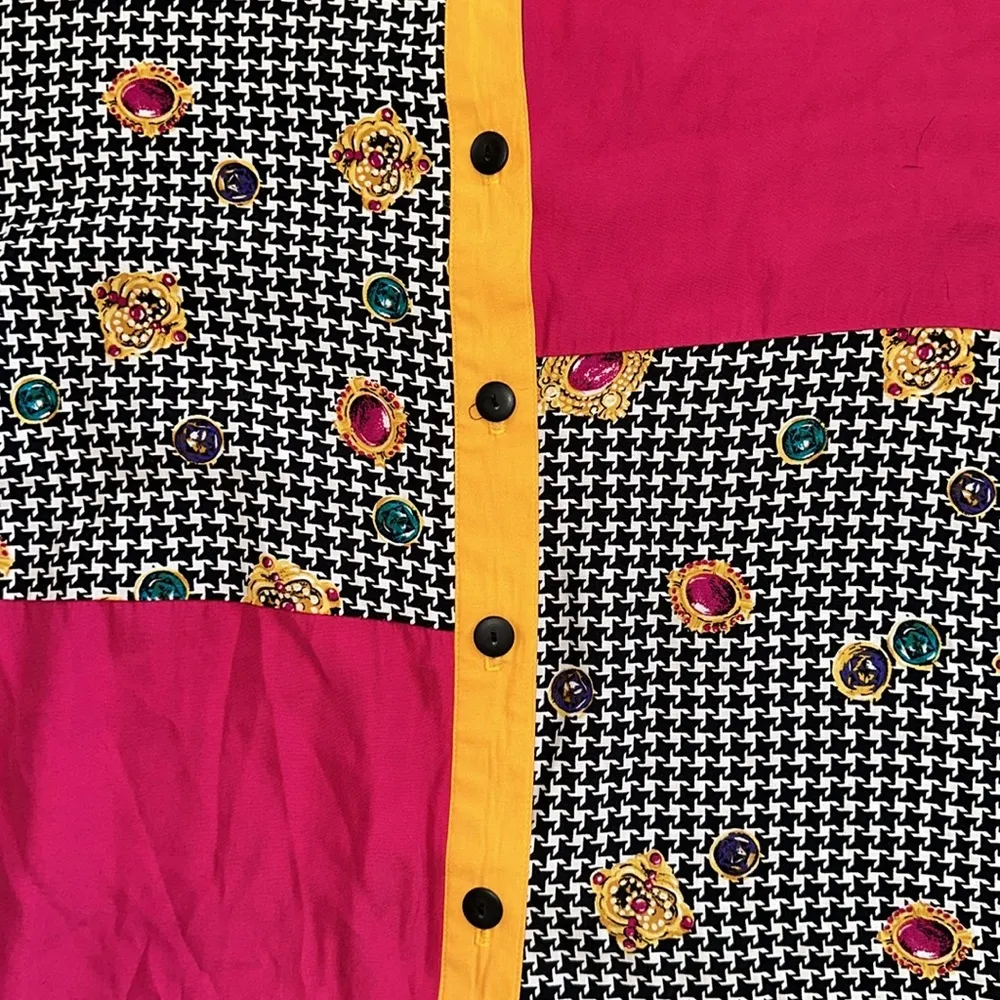 VTG MADE IN USA PATCHWORK HOUNDSTOOTH JEWEL PRINT BUTTON UP Yellow Size M - Image 5