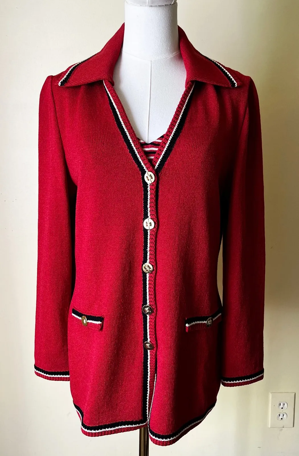 Y2K St. John Collection Red Knit Jacket & Striped Shell Set Small Santana Knit - Image 1