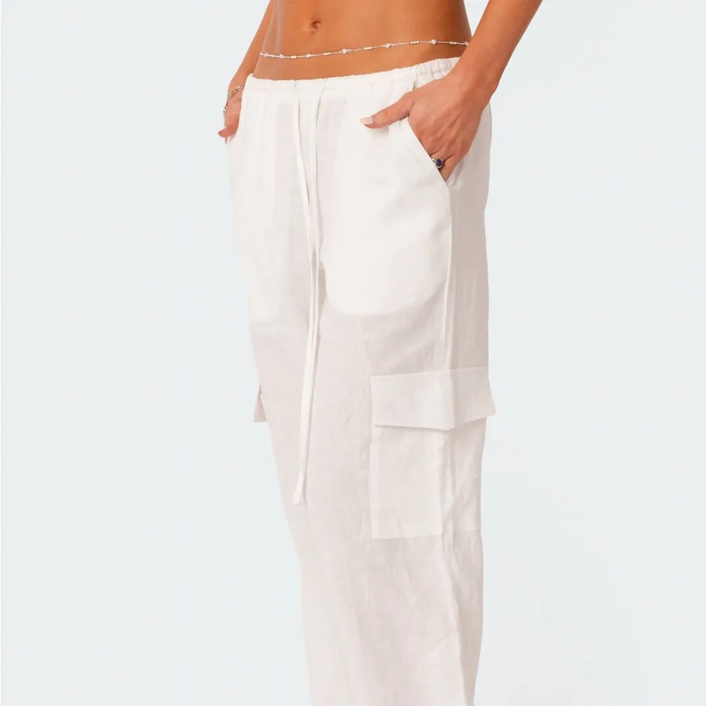 Edikted Lyric Linen Look Cargo Pants White - Image 5