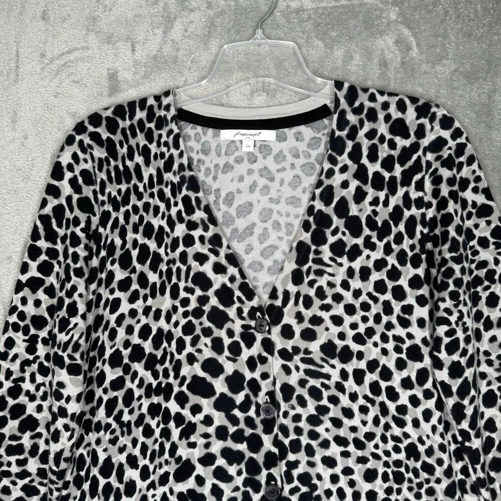 Foxcroft Sweater Womens Large White Black Leopard Cardigan Neutral Office Casual - Image 4