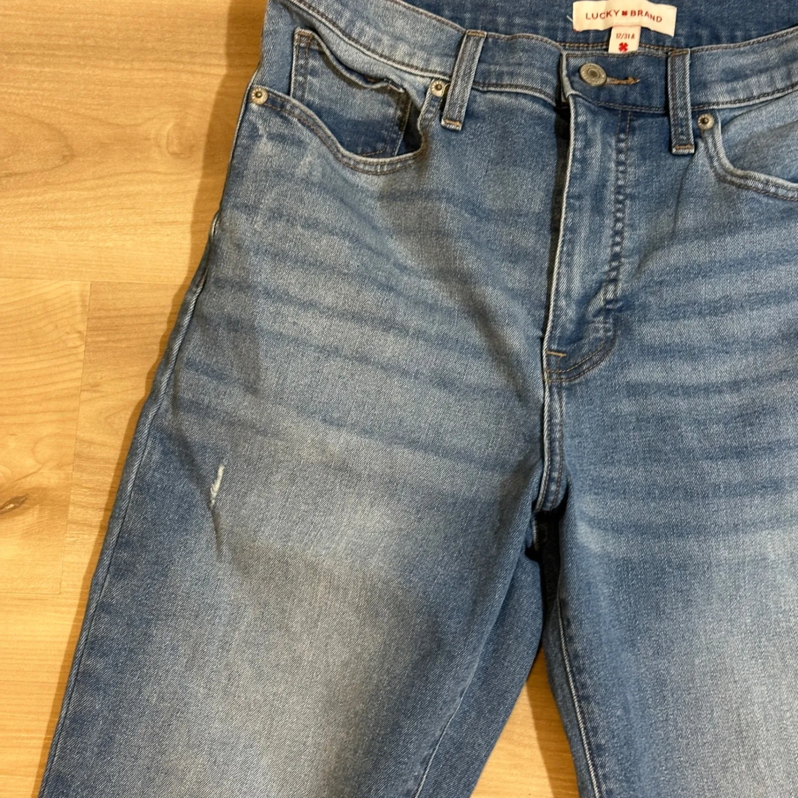 Lucky Brand Stevie High Rise Flare Jeans Medium Wash Distressed Raw Hem 12 31 - Image 7