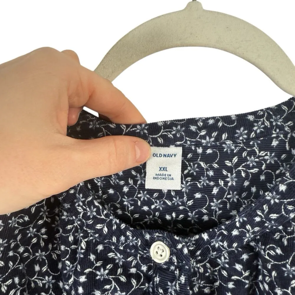 Old Navy Navy Blue Floral Corduroy Popover Blouse Preppy Cottagecore Womens XXL - Image 4