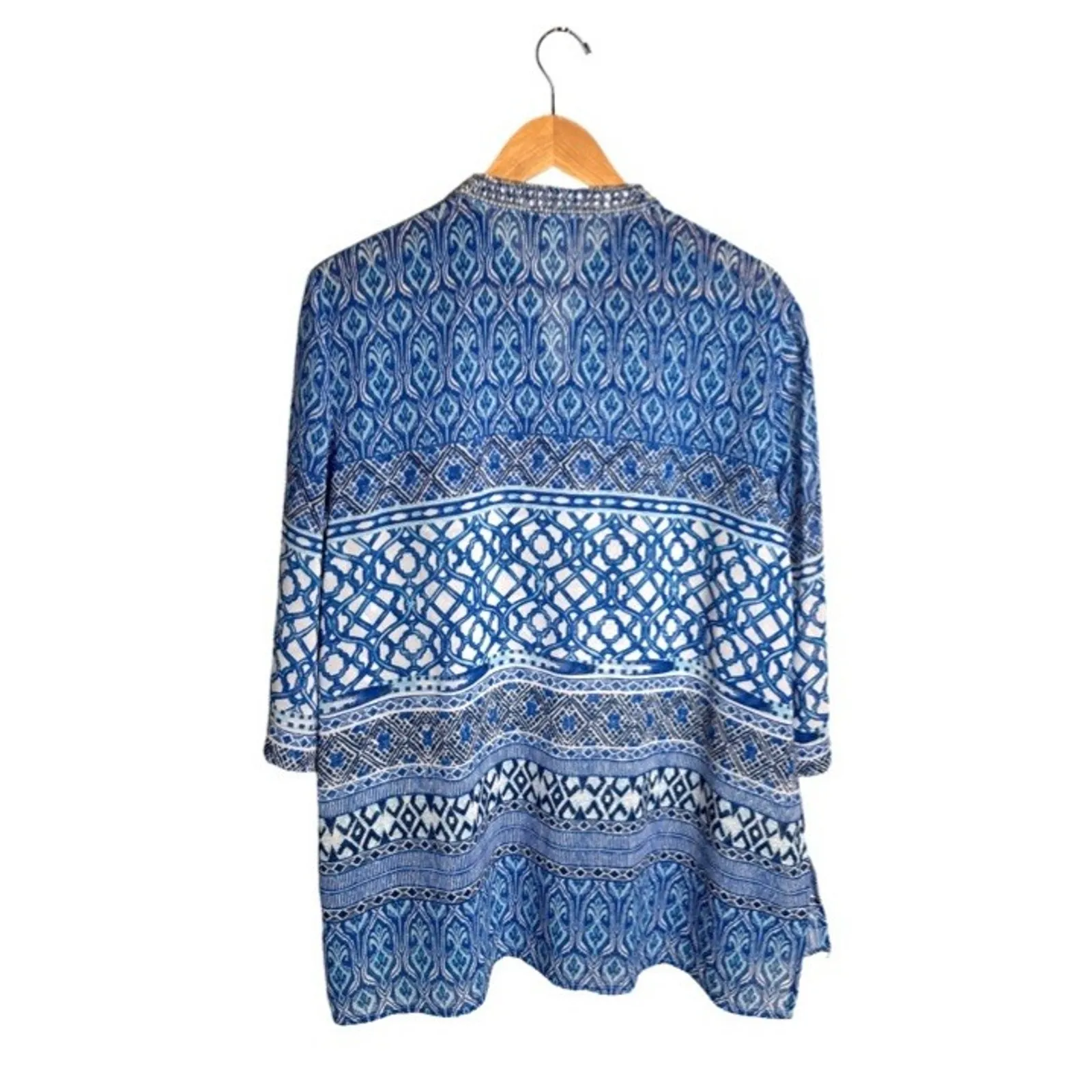 Chico’s Tunic Size 12P Seaside  Sheer Rhinestones Blue White Black Blouse Beach - Image 5