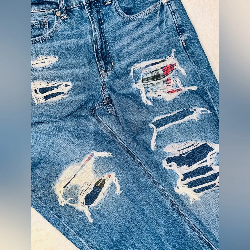 American Eagle Mom Straight Jean Plaid Patch Sz 6 - Image 9