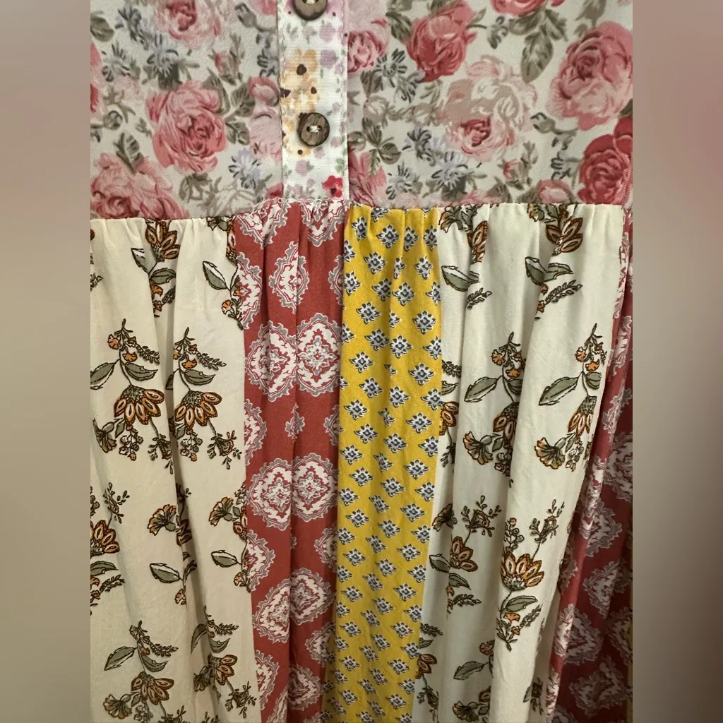 Umgee Pink and Yellow Floral patchwork boho hippie Casual Dress Sz m - Image 4