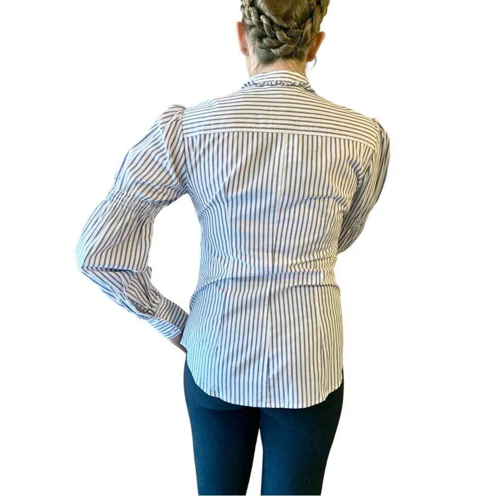 Max Studio Puff Sleeve Detail White Blue Navy pinstripe ruffle blouse - Image 6