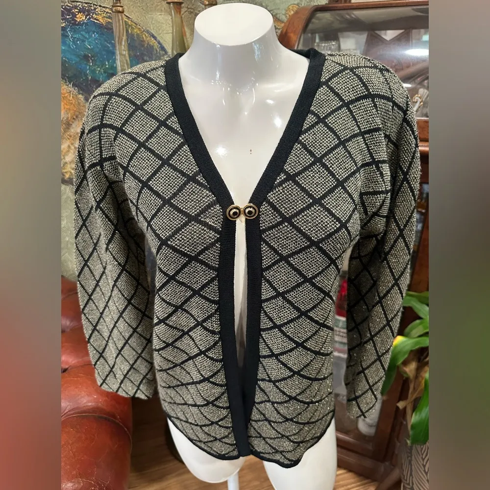 SAN REMO BY LAURA KNIT Black and GOLD one button Cardigan w Diamond Pattern Size XL - Image 3