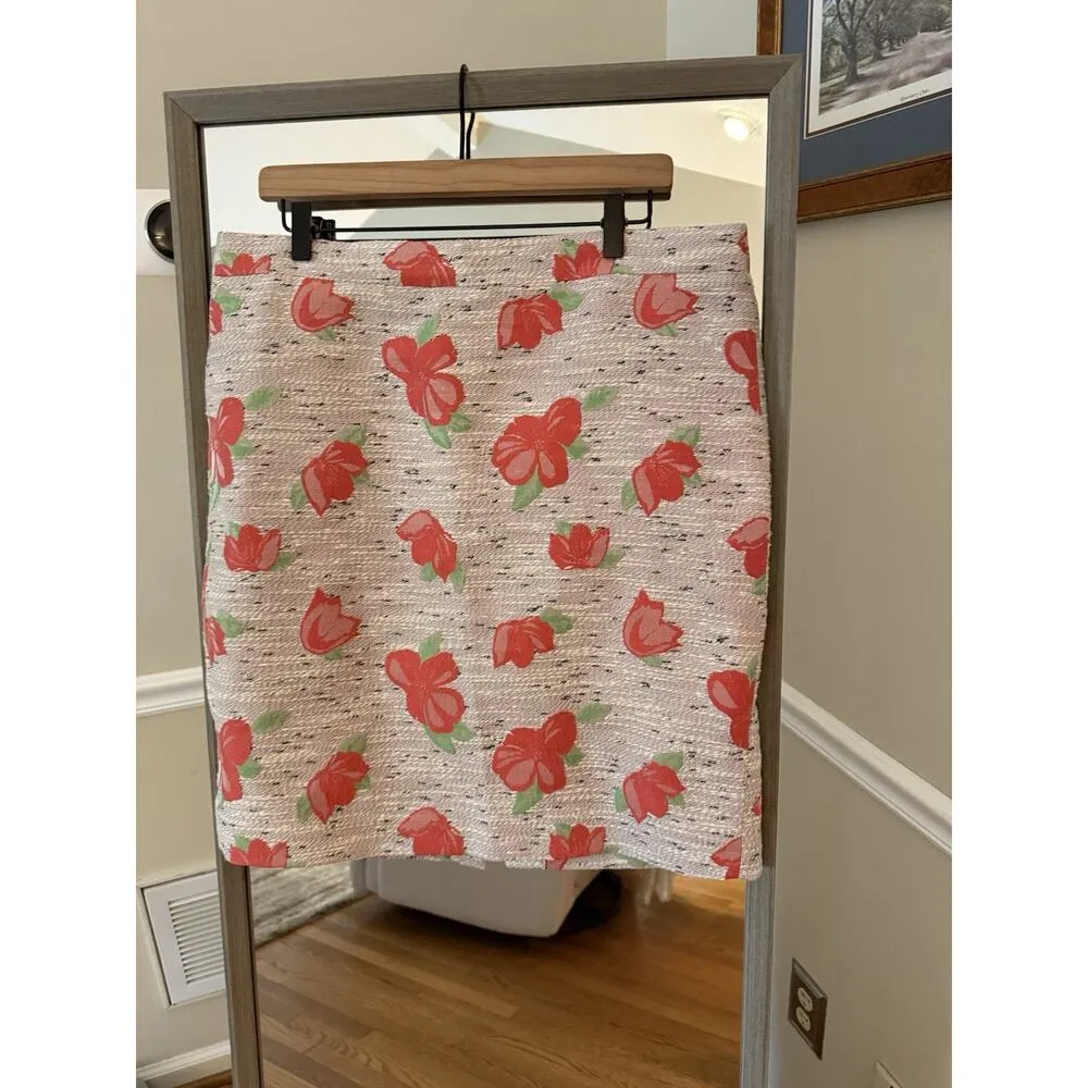 J.Crew Pink Floral Tweed Pencil Skirt Women’s Size 14 High Waist Tan - Image 3