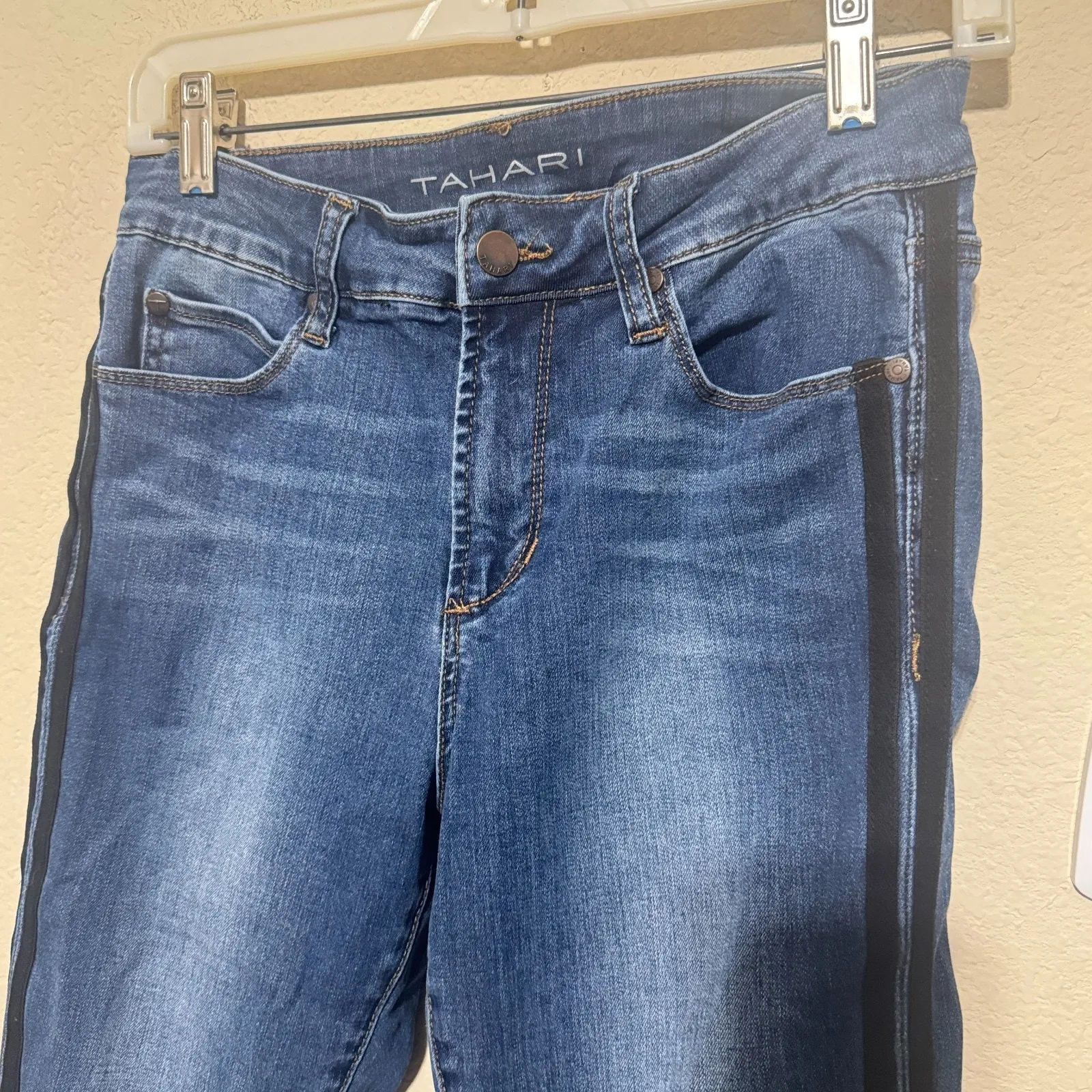 Tahari Womens Skinny Cropped Jeans Size 4/27 side tuxedo stripe raw hem - Image 2