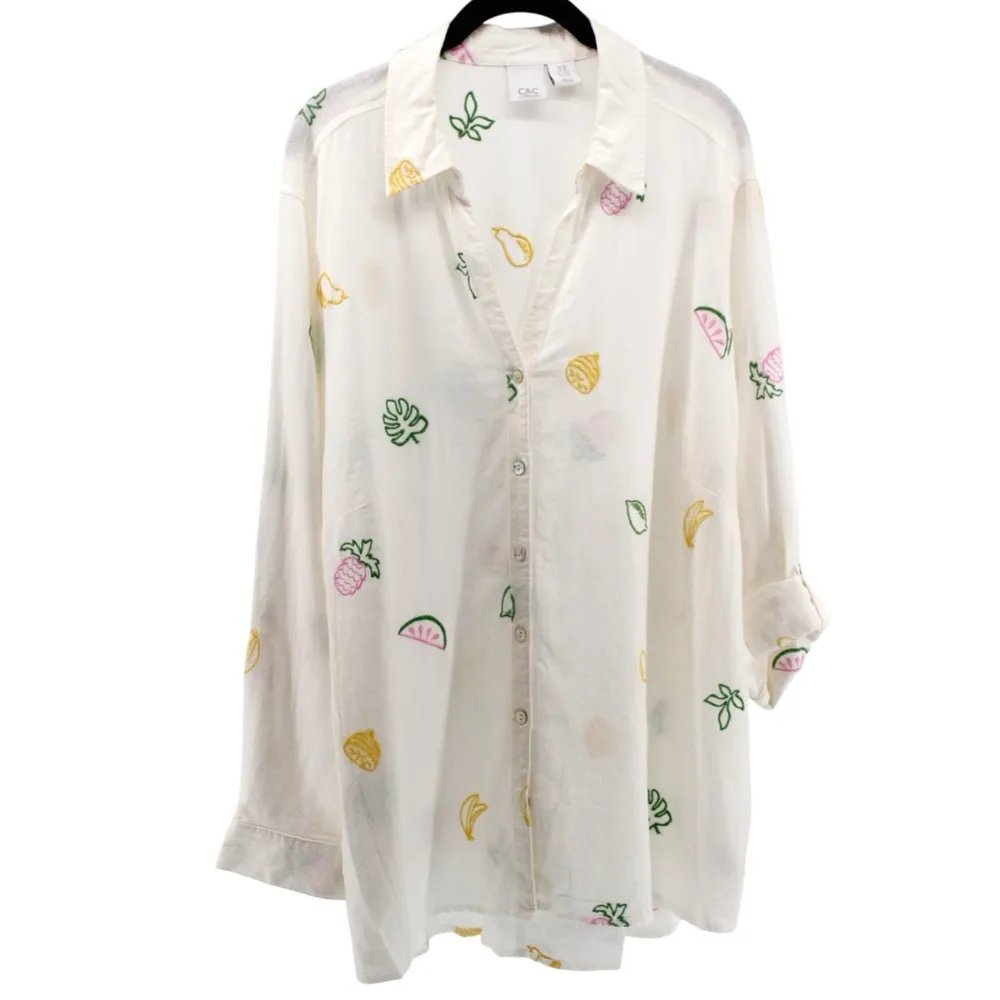 NWOT C&C California Linen Blend Embroidered Buttonup Resort‎ Vacation 2X - Image 2