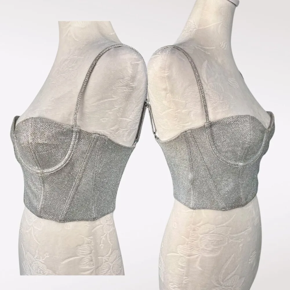 White Fox Silver Metallic Corset Top Glitter Bustier XS - Image 5