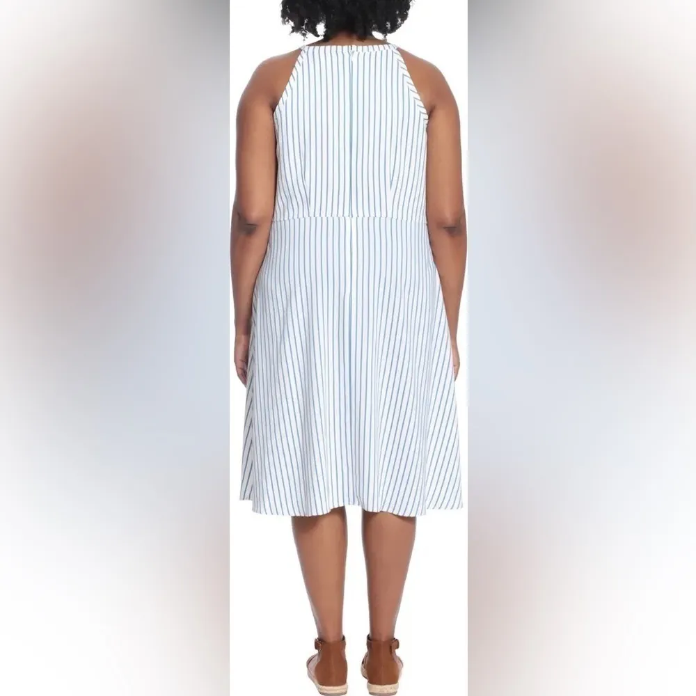 Plus Size Ivory Blue Stripe Tie Front Keyhole Neck Dress 16W - Image 2