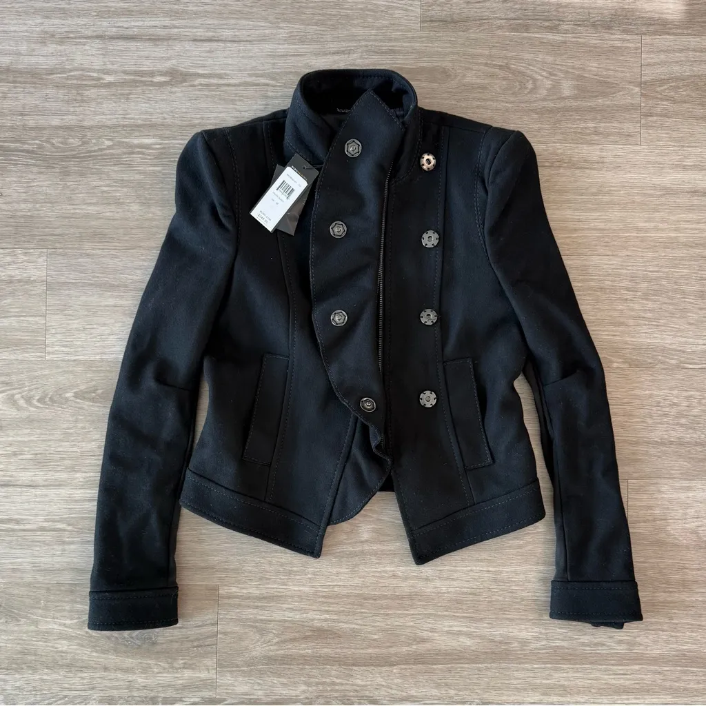 NWT BCBGMaxAzria Wool and Cashmere Ruffled Black Short Pea Coat, Size Medium - Image 2