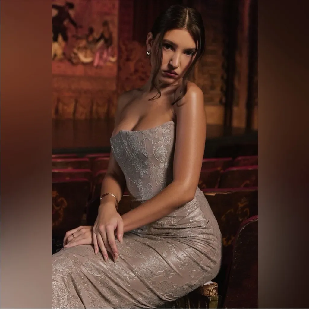 House of CB Persephone Pale Gold Chiffon Mesh Strapless Corset Maci Dress M - Image 7