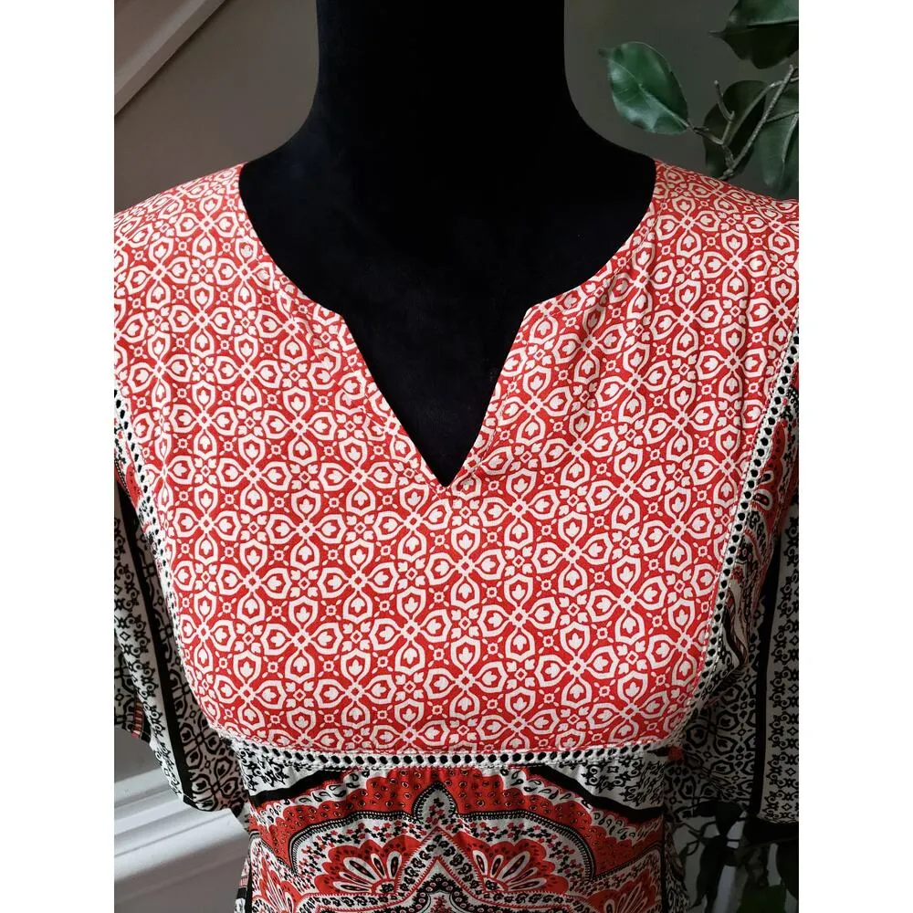 Cato Blouse Women M Red White Black Geometric Print Boho Rayon Cotton Top - Image 6