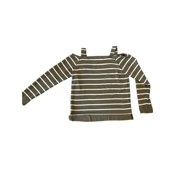 Ralph Lauren Women Medium Cold Shoulder Top Sage‎ Green & White Long Sleeve - Image 2