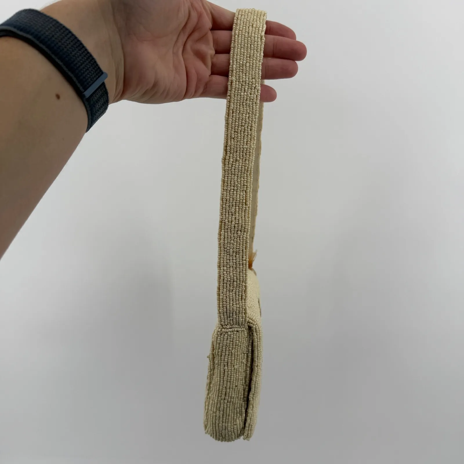 Handcrafted Beaded Macaroon Coffee Croissant Shoulder Bag Purse Cream India Made - Image 9