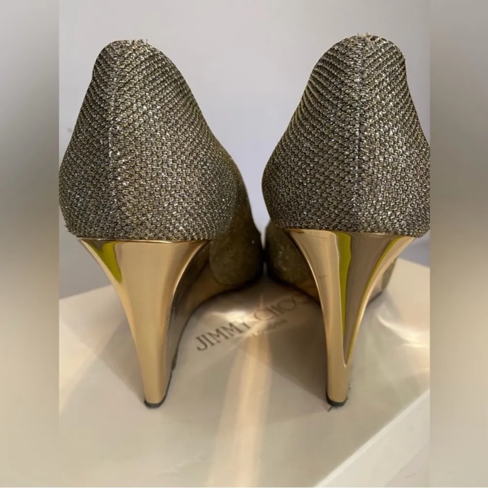 Jimmy Choo Gold Glitter Baxen Peep Toe Wedge Pumps  (9) - Image 2