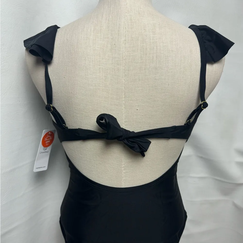 Charmo Women’s Ruffle One Piece Bathing Suit Black Tie Back Ruched Medium NWT - Image 9