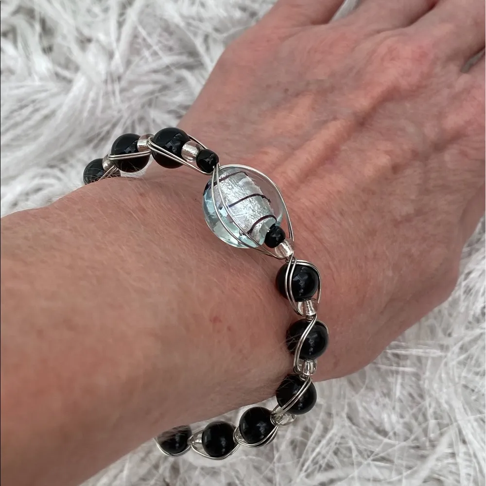 Handcrafted Artisan Onyx Glass Bead One of a Kind Wire Wrapped Bracelet Silver - Image 5