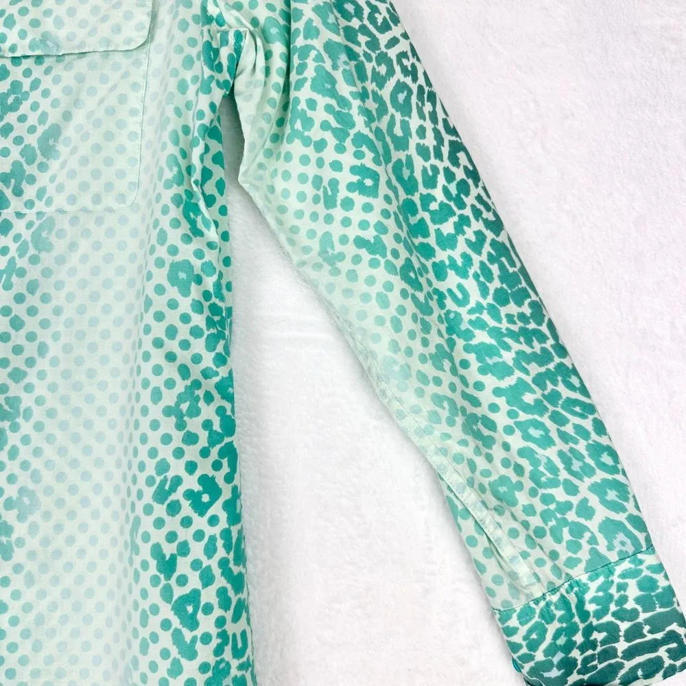 Femme Cotton Ombre Leopard Cheetah Button Up Shirt Size Small Teal - Image 5