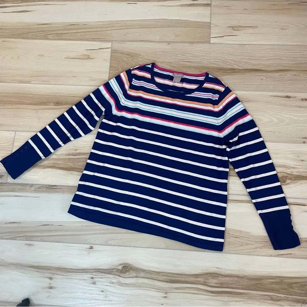 Chico’s Multi-Colored Striped Button-Sleeve Pullover Sweater  Size 1P W/Gold - Image 2