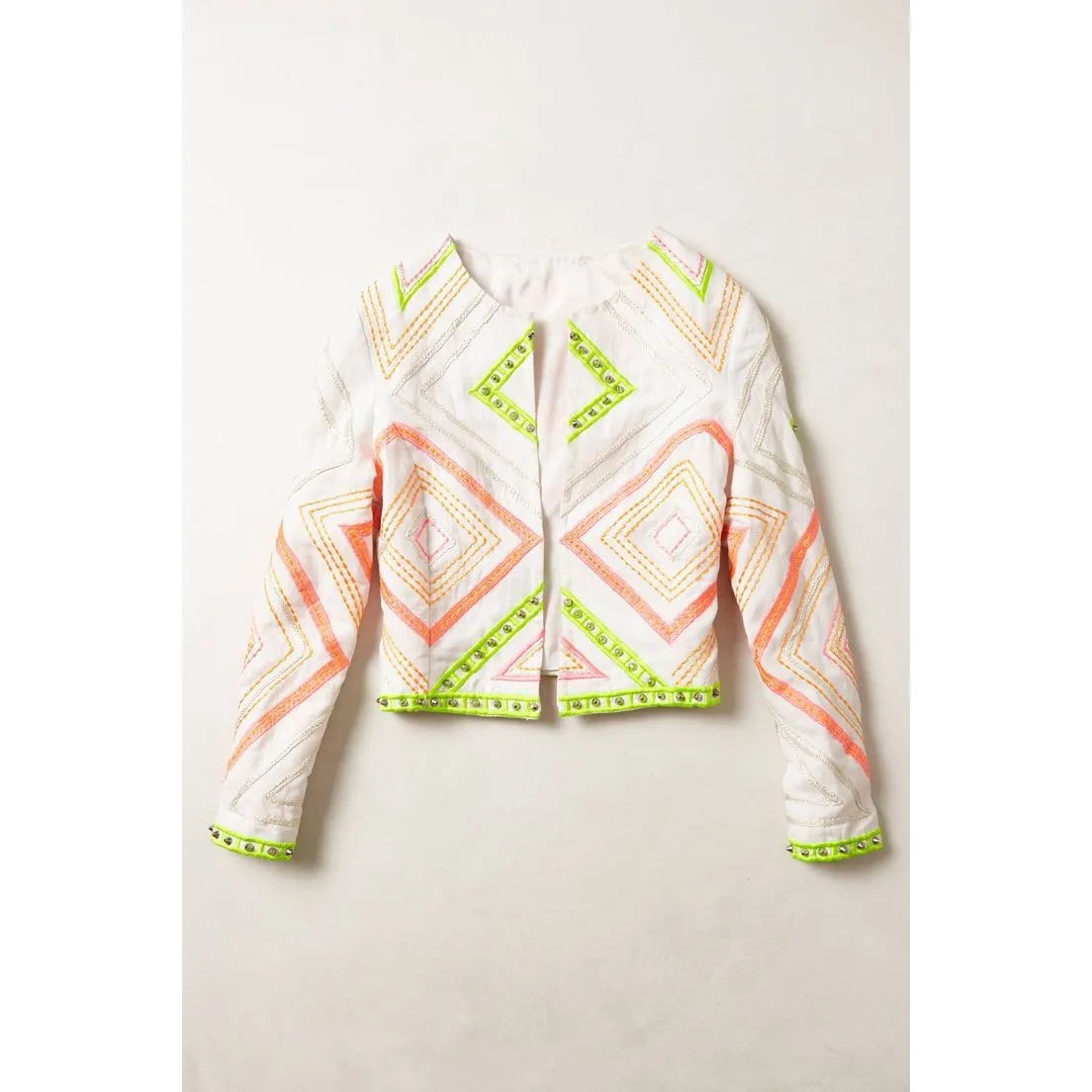 RANNA GILL Neon Embroidered Cropped Mini Jacket Size XS Anthropologie LINEN White - Image 2