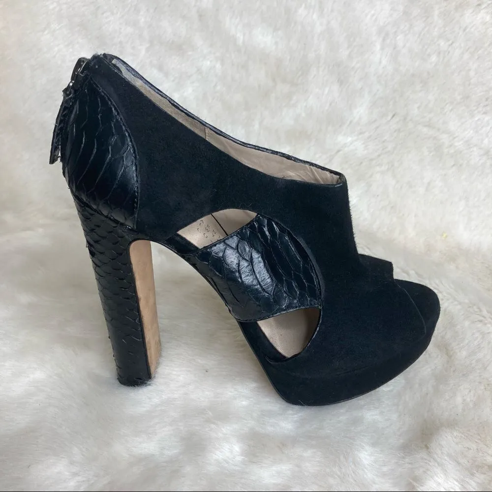 Barneys New York Co Op Black Snake Suede Peep Toe Heeled Platform Booties 35‎ Size 5 - Image 2